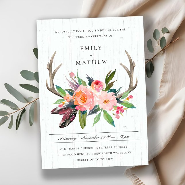 WOODEN BOHO BLUSH ANTLER FLORAL COUNTRY WEDDING INVITATION (Creator Uploaded)