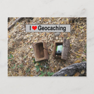 Wooden box hide: Geocaching Postcard