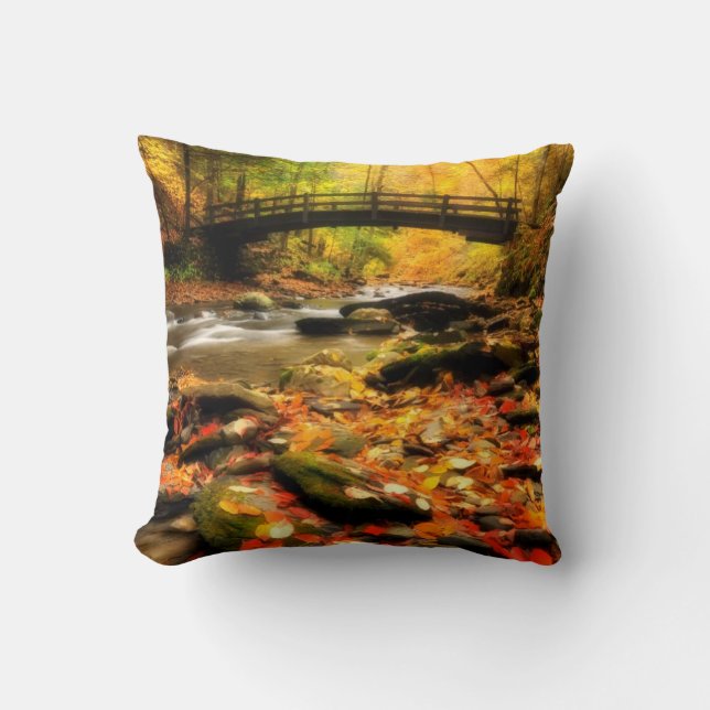 Wooden Bridge and Creek in Fall Cushion (Front)