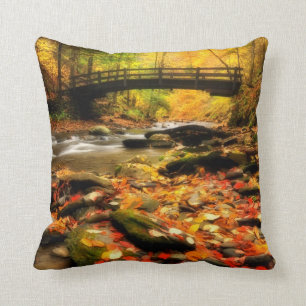 Wooden Bridge and Creek in Fall Cushion