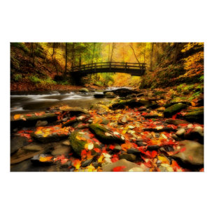 Wooden Bridge and Creek in Fall Poster