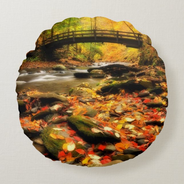 Wooden Bridge and Creek in Fall Round Cushion (Front)