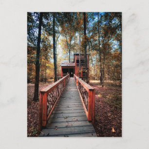 Wooden Bridge in Autumn Forest with Building Postcard