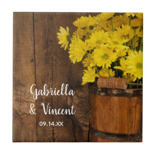 Wooden Bucket and Yellow Daisies Country Wedding Tile
