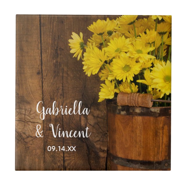 Wooden Bucket and Yellow Daisies Country Wedding Tile (Front)