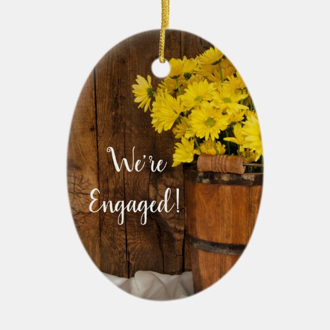 Wooden Bucket Yellow Daisies Country Engagement Ceramic Ornament (Front)