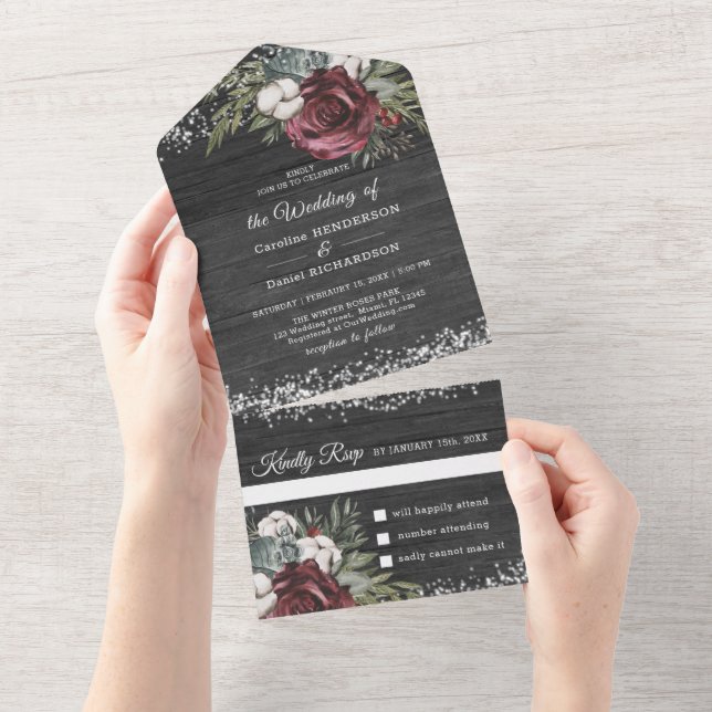 Wooden Burgundy Elegant Wedding  All In One All In One Invitation (Tearaway)