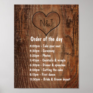 Wooden Burn Heart Rustic Wedding Order of The Day Poster