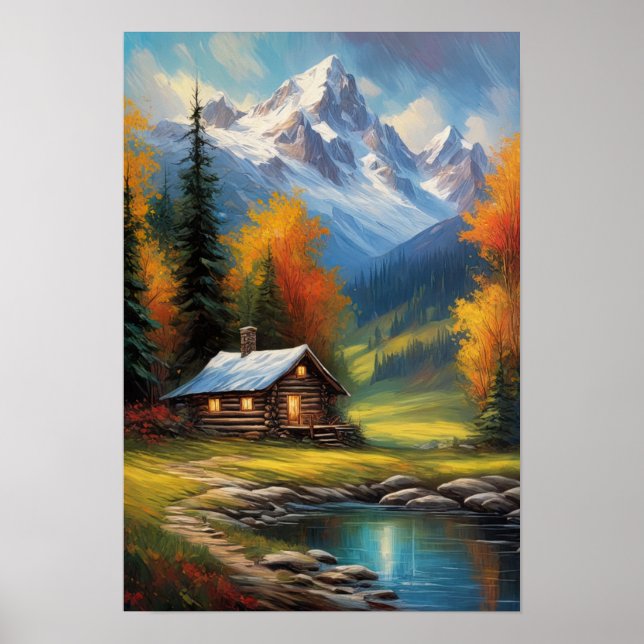 Wooden Cabin by the Snowy Peaks Poster (Front)
