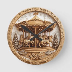 Wooden carousel in a snowy scene round clock