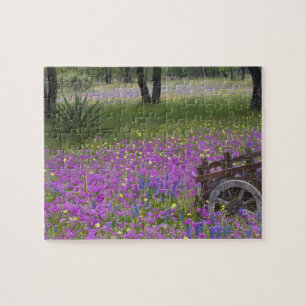 Wooden Cart in field of Phlox, Blue Bonnets with Jigsaw Puzzle