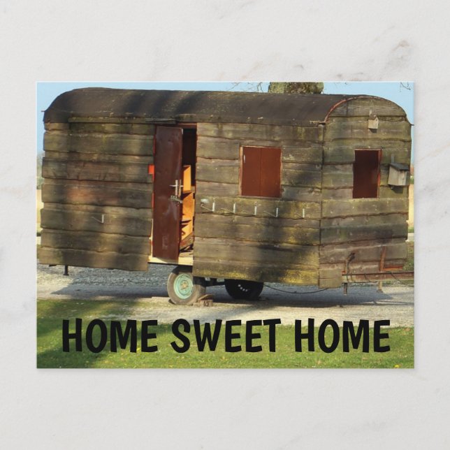 Wooden Carvan Trailer Postcards, HOME SWEET HOME Postcard (Front)