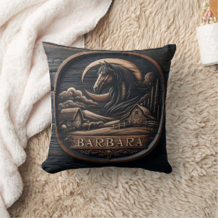 Wooden Carving Featuring Horse and Barn Landscape Cushion