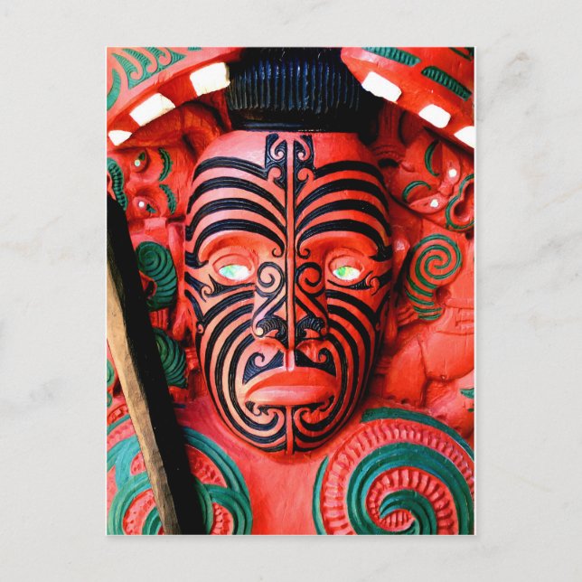 Wooden Carving of a Maori Warrior, New Zealand Postcard (Front)