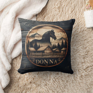 Wooden Carving of Horse and Mountain Landscape Cushion