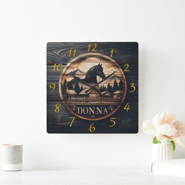 Wooden Carving of Horse and Mountain Landscape Square Wall Clock (Home)