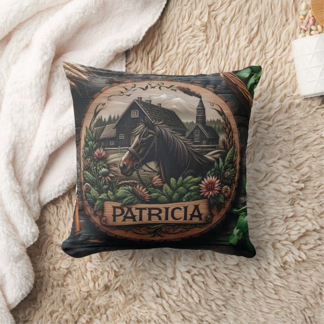 Wooden Carving of Horse Near Rustic Farmhouse Cushion (Blanket)
