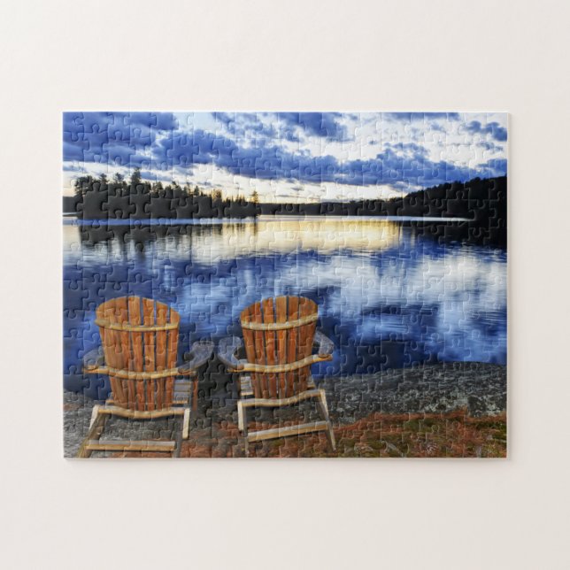 Wooden Chairs At Sunset On Lake Shore Jigsaw Puzzle (Horizontal)