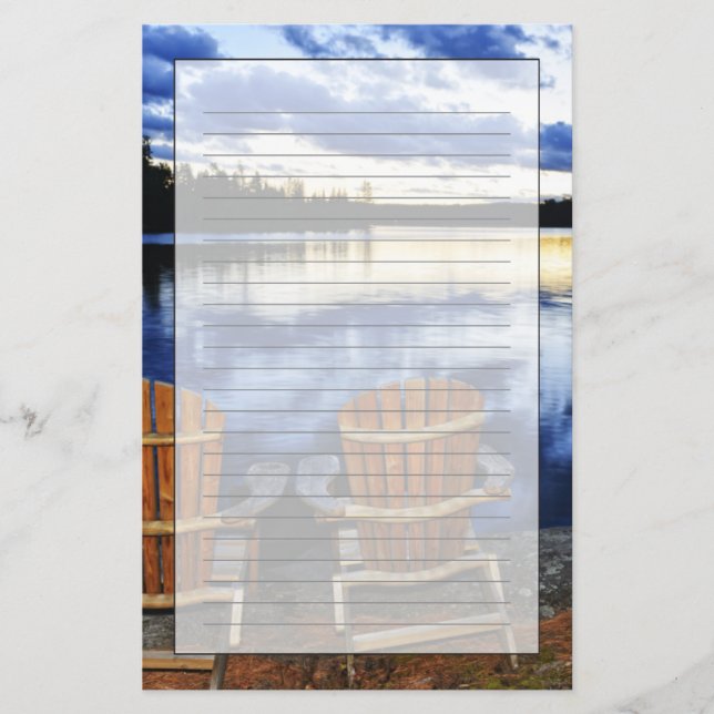 Wooden Chairs At Sunset On Lake Shore Stationery