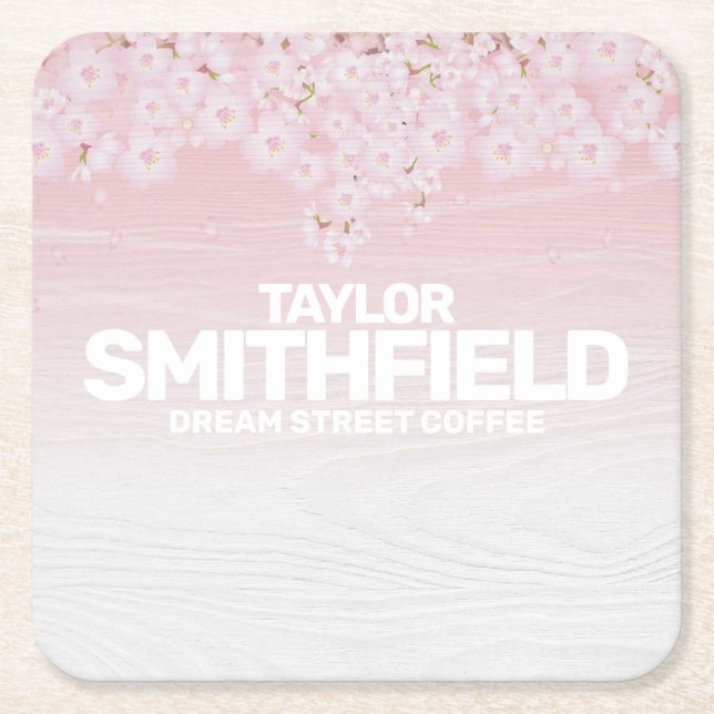 Wooden Cherry Blossom Rustic Square Paper Coaster (Front)