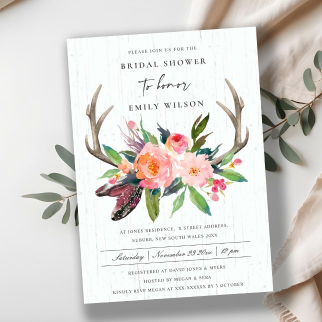 WOODEN CHIC BOHO BLUSH ANTLER FLORAL BRIDAL SHOWER INVITATION (Creator Uploaded)