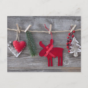 Wooden Christmas Deer And Decoration On Wood Holiday Postcard