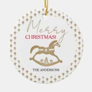 Wooden Christmas Rocking Horse Ceramic Ornament