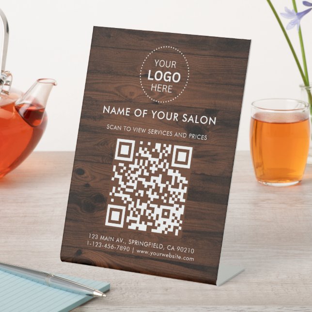Wooden Colour Salon Business QR Code and Logo Pedestal Sign (In SItu)