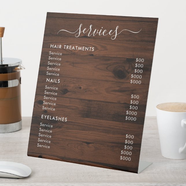 Wooden Colour Salon Services Price List Pedestal Sign (In SItu)