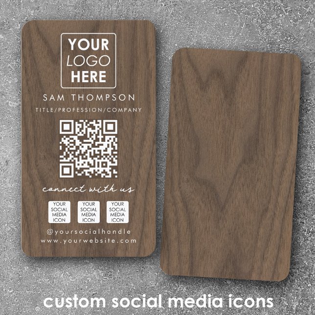Wooden Connect with Us Social Media QR Code Logo Business Card (Wooden Connect with Us Social Media QR Code Logo Business Card)