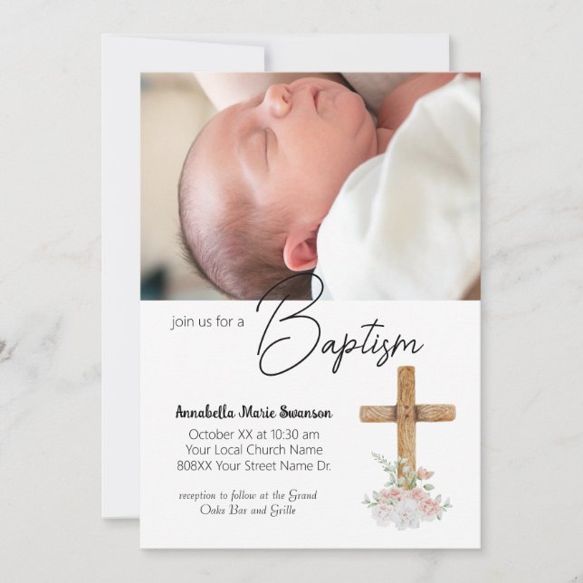 Wooden Cross and Custom Photo Baby Girl Baptism Invitation (Front)