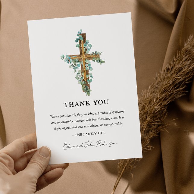 Wooden Cross & Eucalyptus Greenery Sympathy Thank You Card (Creator Uploaded)