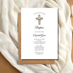 Wooden Cross Flowers Baptism Invitation