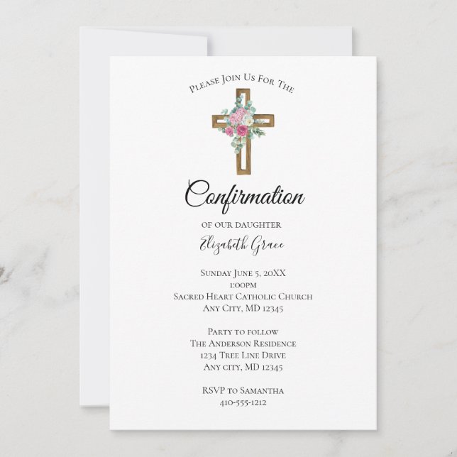 Wooden Cross Flowers Confirmation Invitation (Front)