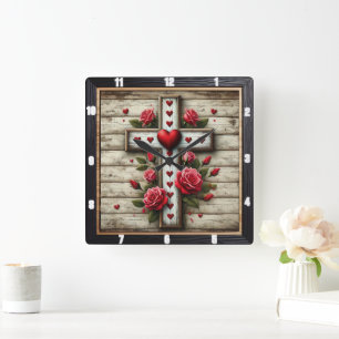 Wooden Cross Hearts Red Roses Square Wall Clock