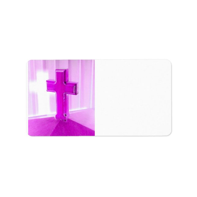 Wooden cross, purple version, photograph church label (Front)