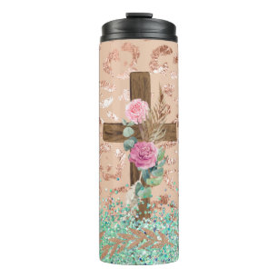Wooden Cross With Floral Design on Leopard Print Thermal Tumbler
