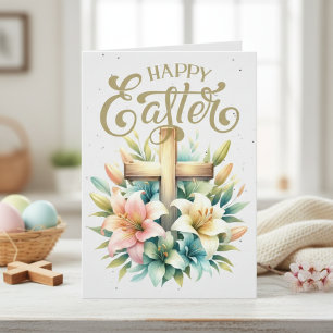 Wooden Cross With Lilies Custom Christian Easter Holiday Card