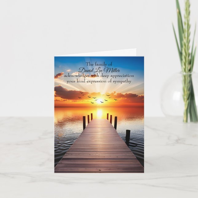 Wooden Dock and Sunrise Sympathy Thank You Card (Front)