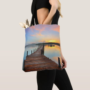 Wooden Dock Seascape in Colourful Sunset Tote Bag