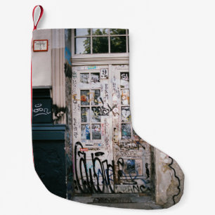 WOODEN DOOR WITH HANDWRITINGS SMALL CHRISTMAS STOCKING
