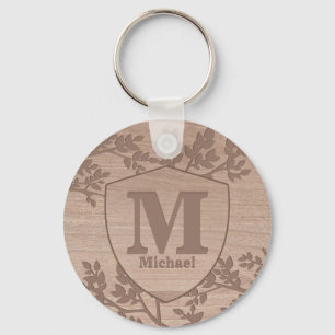 Wooden engraved leaves vintage name monogram keych key ring