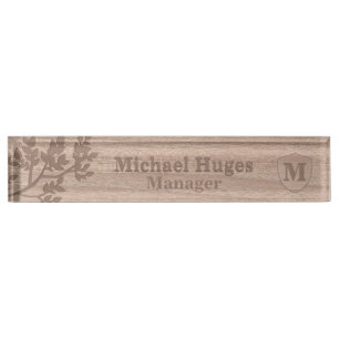 Wooden engraved leaves vintage name monogram nameplate