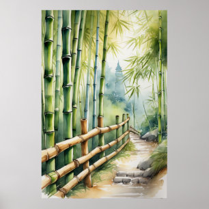 Wooden Fence Path Amidst Bamboo Poster