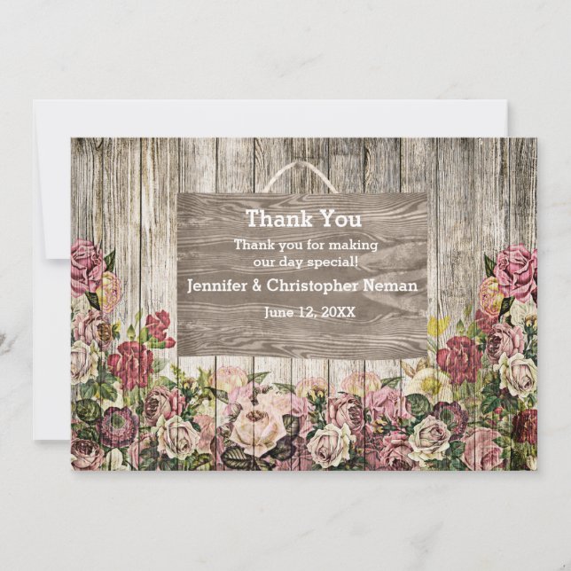 Wooden Fence with Painted Roses & Custom Photo Thank You Card (Front)