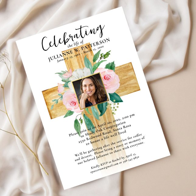 Wooden Floral Cross, Photos, Celebration of Life Invitation (Creator Uploaded)