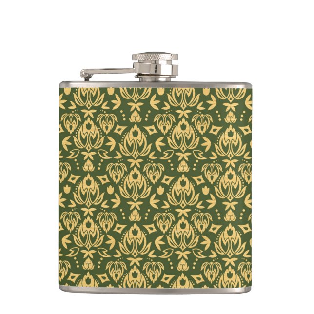 Wooden floral damask pattern background hip flask (Front)