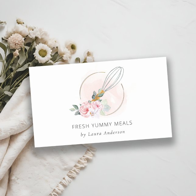 Wooden Fork Spoon Blush Pink Floral Chef Logo Business Card (Creator Uploaded)