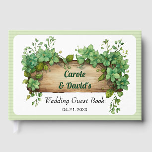 Wooden frame, greenery and stripes spring wedding guest book