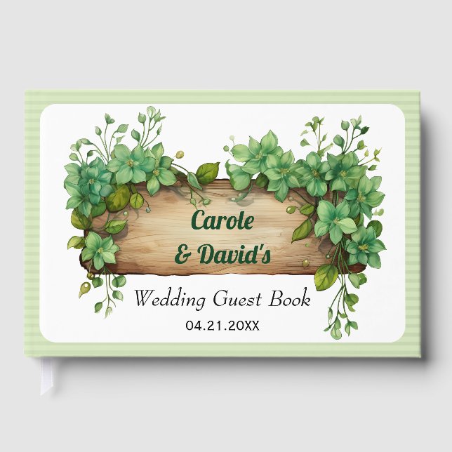 Wooden frame, greenery and stripes spring wedding guest book (Front)